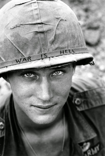Soldier with William T. Shermans iconic quote, War is hell, displayed on his helmet. Courtesy of Horst Faas
