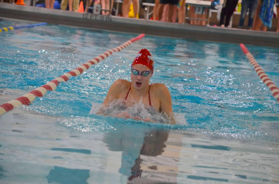 Shultz competing in the 100 breaststroke for Mendham against Central at Morristown High School, on January 3rd, 2019.