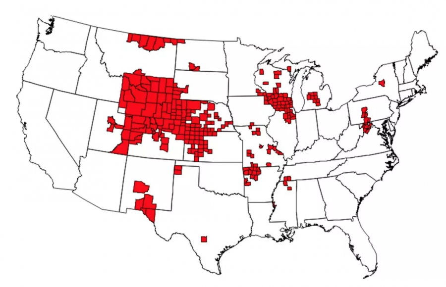 Chronic+wasting+disease+in+free-ranging+deer%2C+reported+by+US+county%2C+as+of+January+2019.+CDC