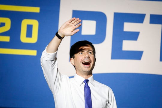 Pete Buttigieg in front of supporters gathered at Iowa State University on October 16 of this year. (Photo: Bryon Houlgrave/The Register)