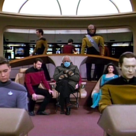 Image of Bernie in the USS Starship Enterprises Captains chair, courtesy of  @lylamiklos Twitter.