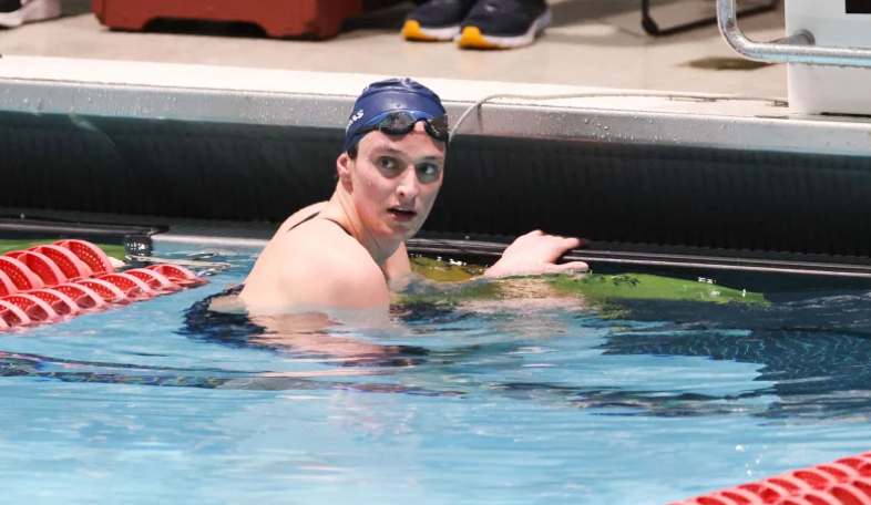 A photo of Lia Thomas after the prelims of the 500-yard freestyle at the Women’s Ivy League Swimming and Diving Championships at Harvard University as photographed by Paul Rutherford.